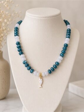 Beaded Fish Teal and White Jade Gemstone Necklace Coastal Boho